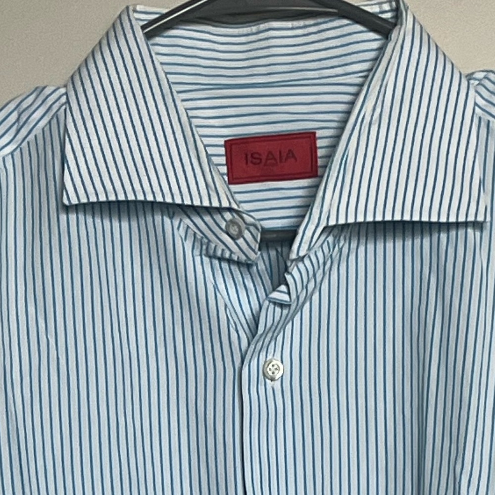Isaia Light Blue Striped Dress Shirt 17.5” Sz 44